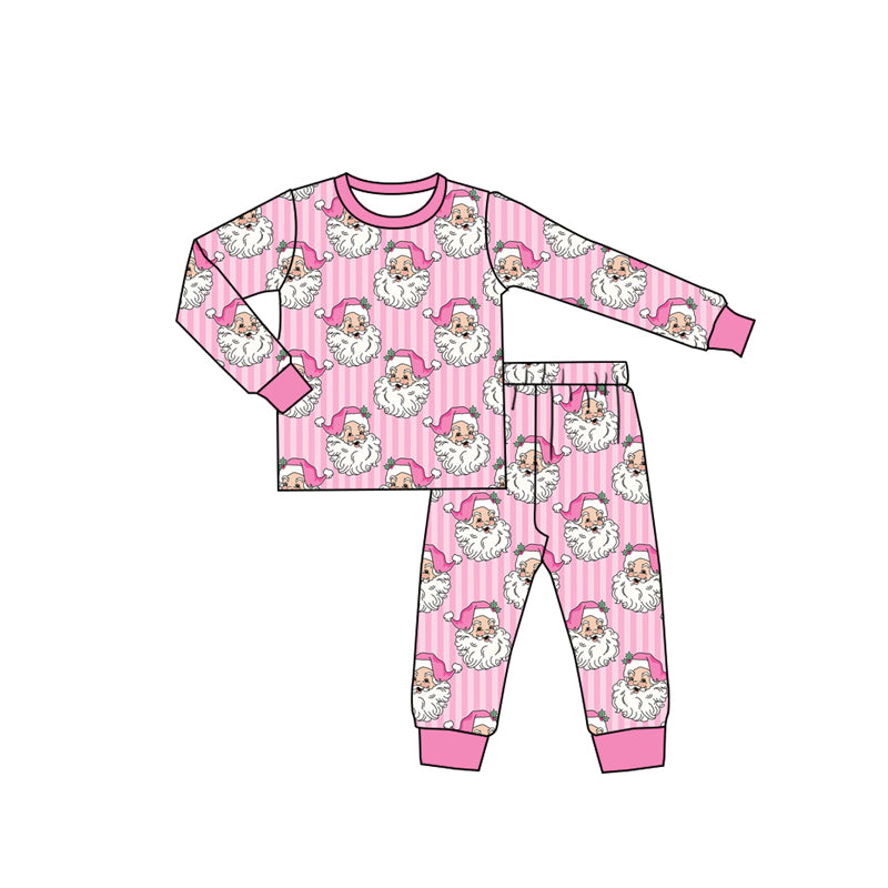 Preorder moq 5 Baby Girls Pink Stripe Santa Top Pant Christmas Pajamas Sets