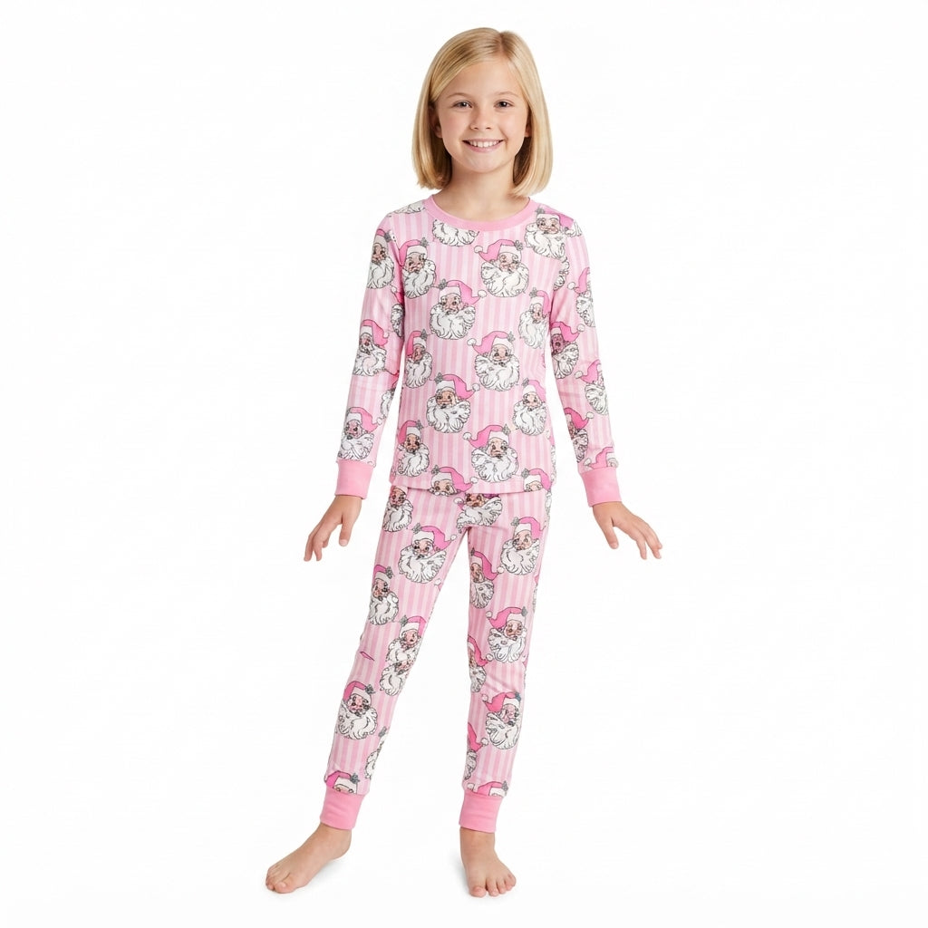 Baby Girls Pink Stripe Santa Top Pant Christmas Pajamas Set