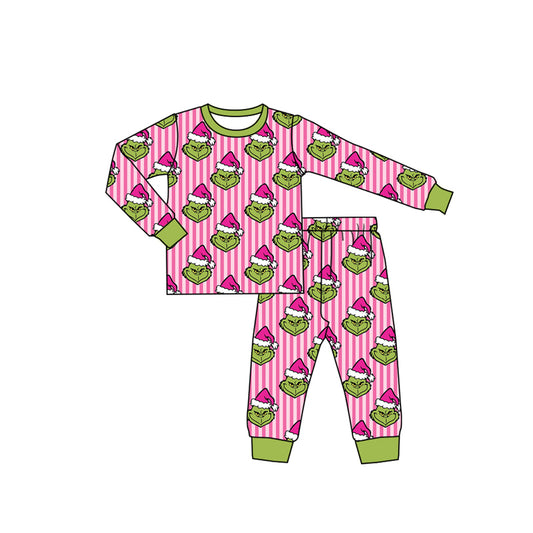 Preorder moq 5 Baby Girls Pink Stripe Green Frogs Top Pant Christmas Pajamas Sets