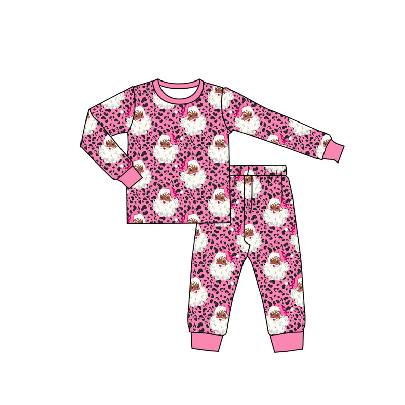 Preorder moq 5 Baby Girls Pink Leopard Santa Top Pant Christmas Pajamas Sets
