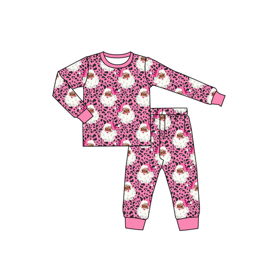 Preorder moq 5 Baby Girls Pink Leopard Santa Top Pant Christmas Pajamas Sets