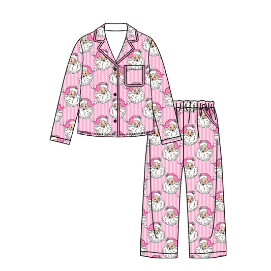 Preorder moq 5 Adult Women Pink Stripe Santa Button Pocket Top Pant Christmas Pajamas Sets