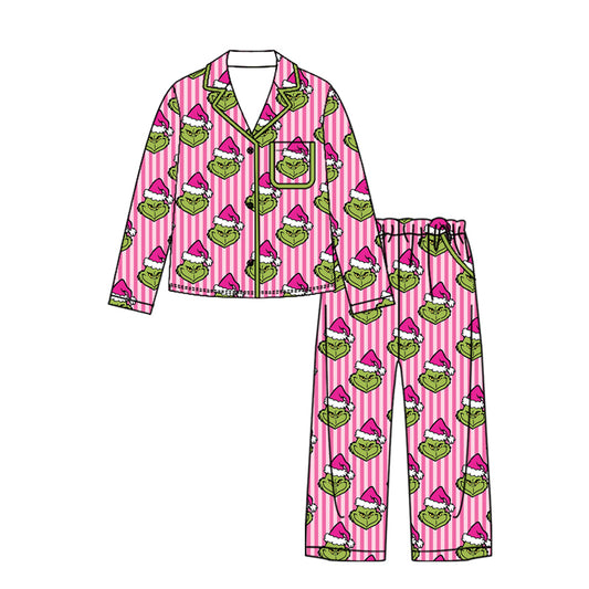 Preorder moq 5 Adult Women Pink Stripe Frogs Button Pocket Top Pant Christmas Pajamas Sets