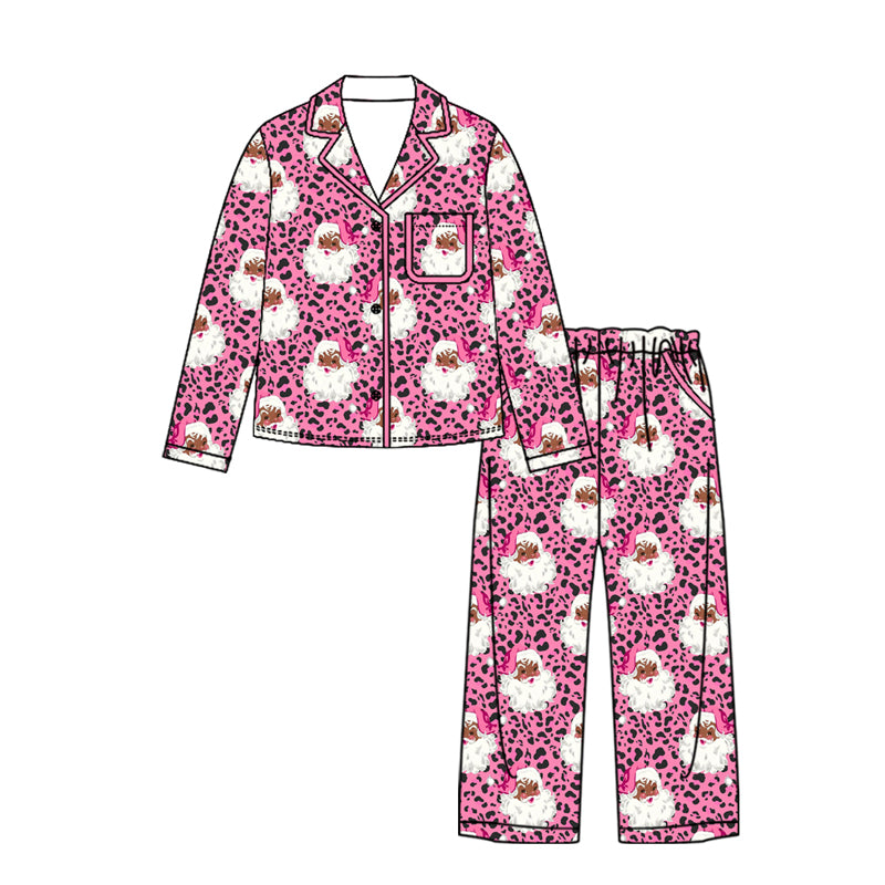 Preorder Adult Women Pink Leopard Santa Button Pocket Top Pant Christmas Pajamas Sets