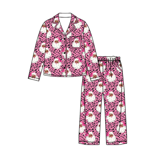 Preorder moq 5 Adult Women Pink Leopard Santa Button Pocket Top Pant Christmas Pajamas Sets