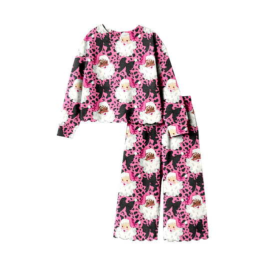Preorder moq 5 Baby Girls Pink Leopard Santa Top Flare Pant Christmas Clothes Sets