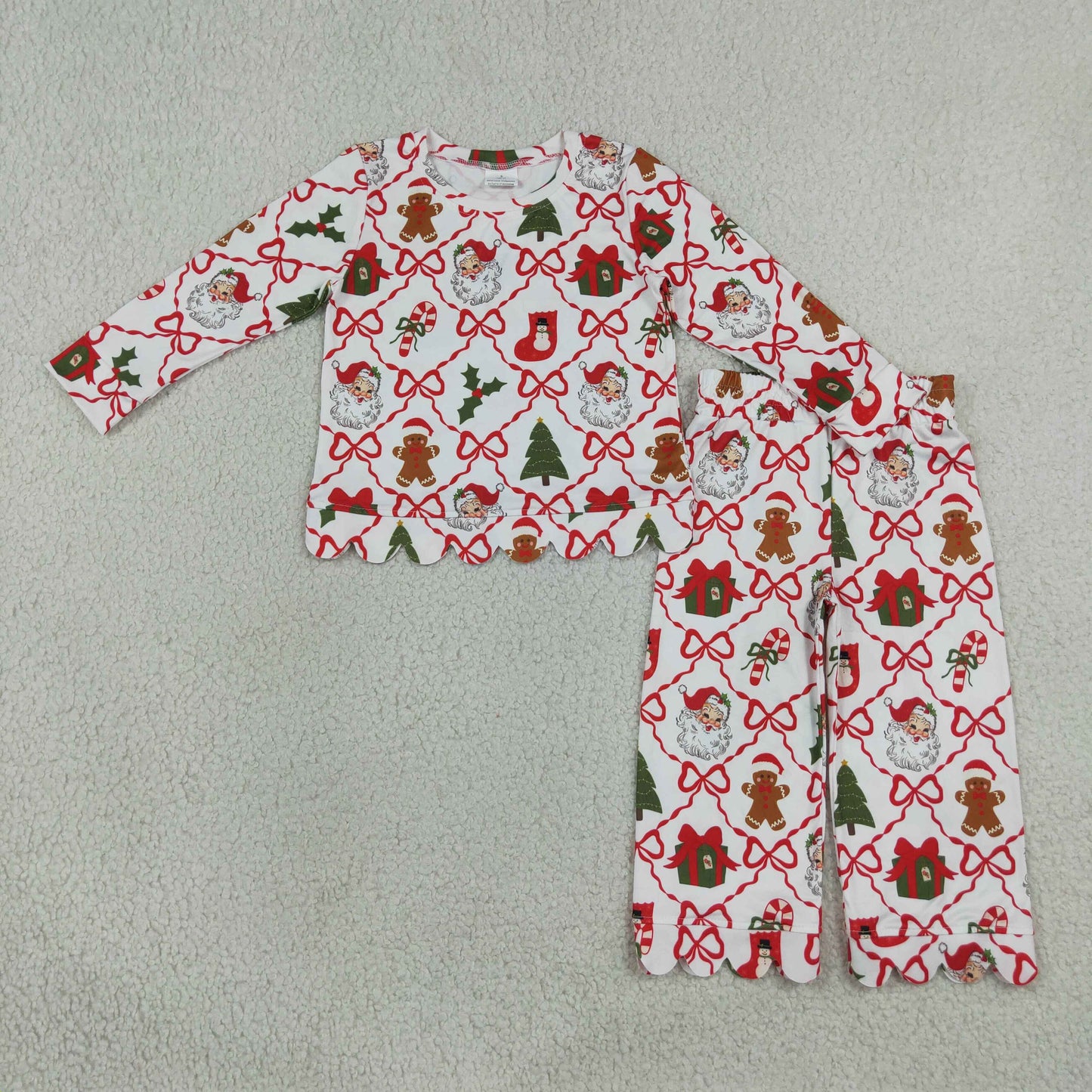 Baby Girls Santa Trees Bows Checked Top Flare Pant Christmas Scallop Clothes Sets