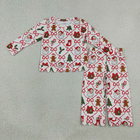 Baby Girls Santa Trees Bows Checked Top Flare Pant Christmas Scallop Clothes Sets