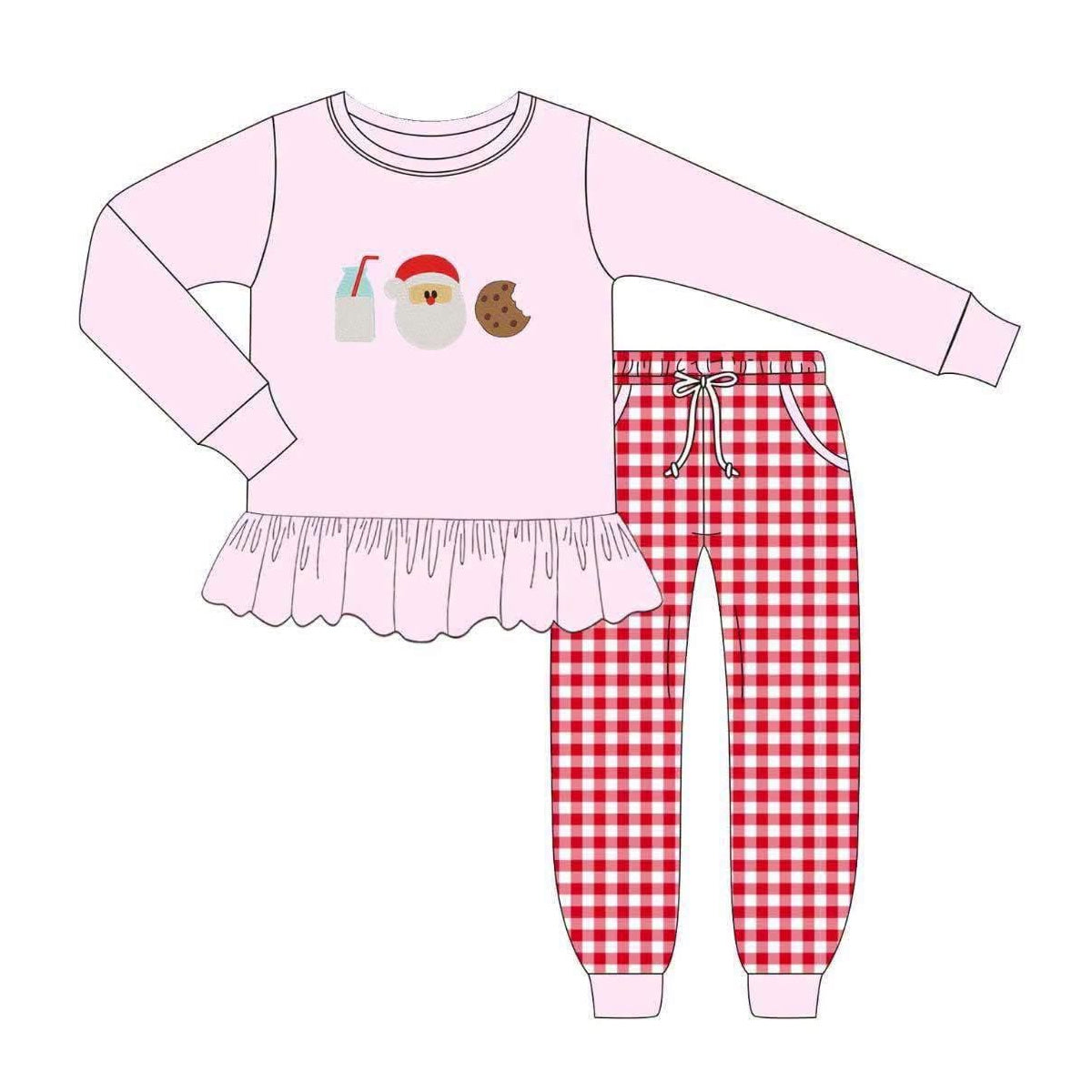 Preorder moq 5 Baby Girls Santa Milks Ruffle Top Checked Pockets Jogger Christmas Clothes Sets