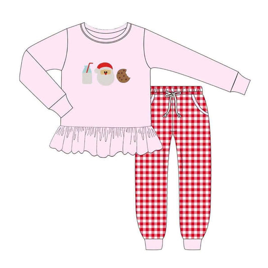 Preorder moq 5 Baby Girls Santa Milks Ruffle Top Checked Pockets Jogger Christmas Clothes Sets