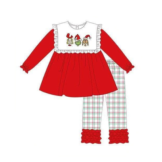 Preorder moq 5 Baby Girls Green Frogs Tunic Checked Ruffle Pant Christmas Clothes Sets