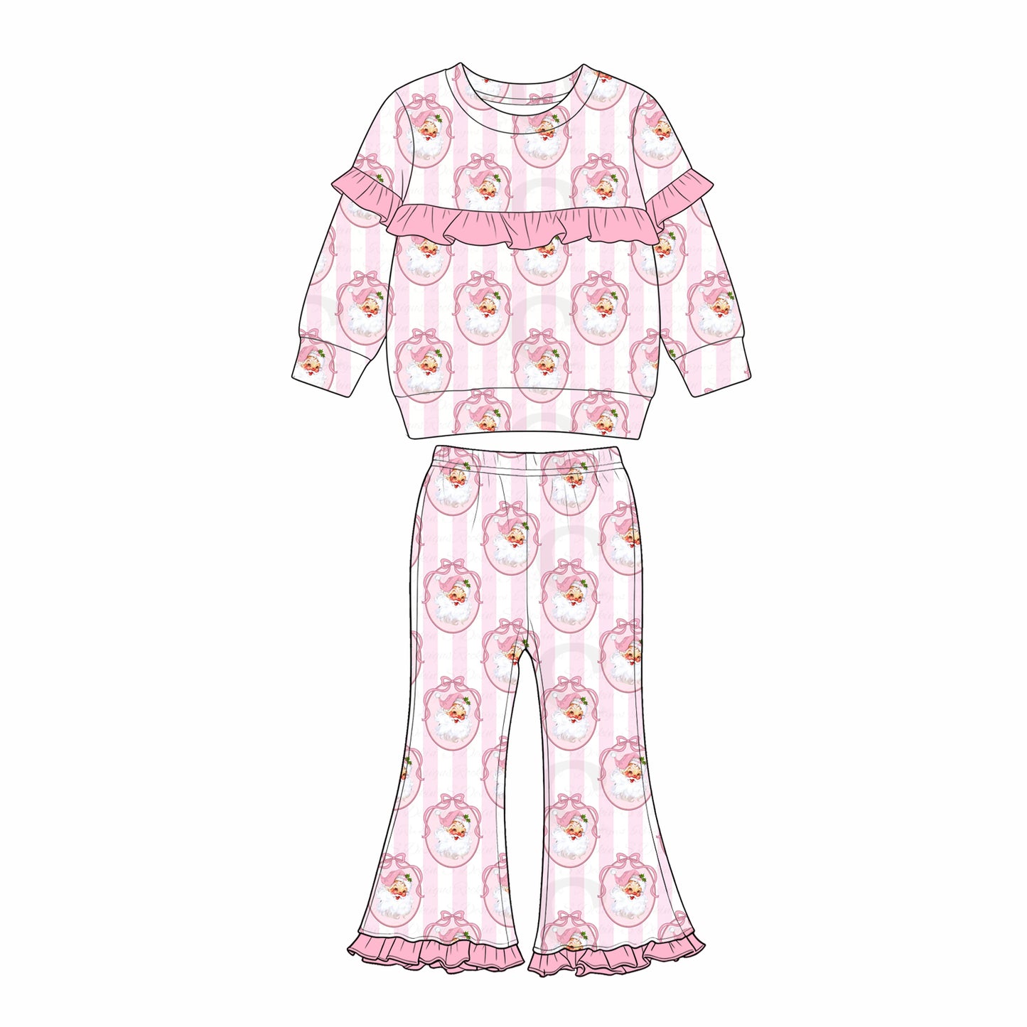 Preorder moq 5 Baby Girls Pink Bows Santa Stripe Top Bell Bottom Pant Christmas Clothes Sets
