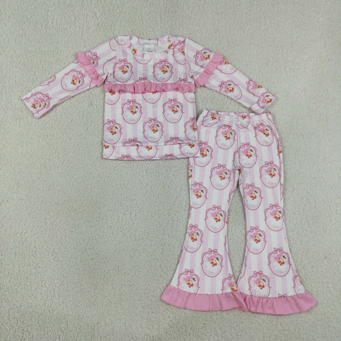 Baby Girls Pink Stripe Bows Santa Top Bell Bottom Pant Christmas Clothes Sets