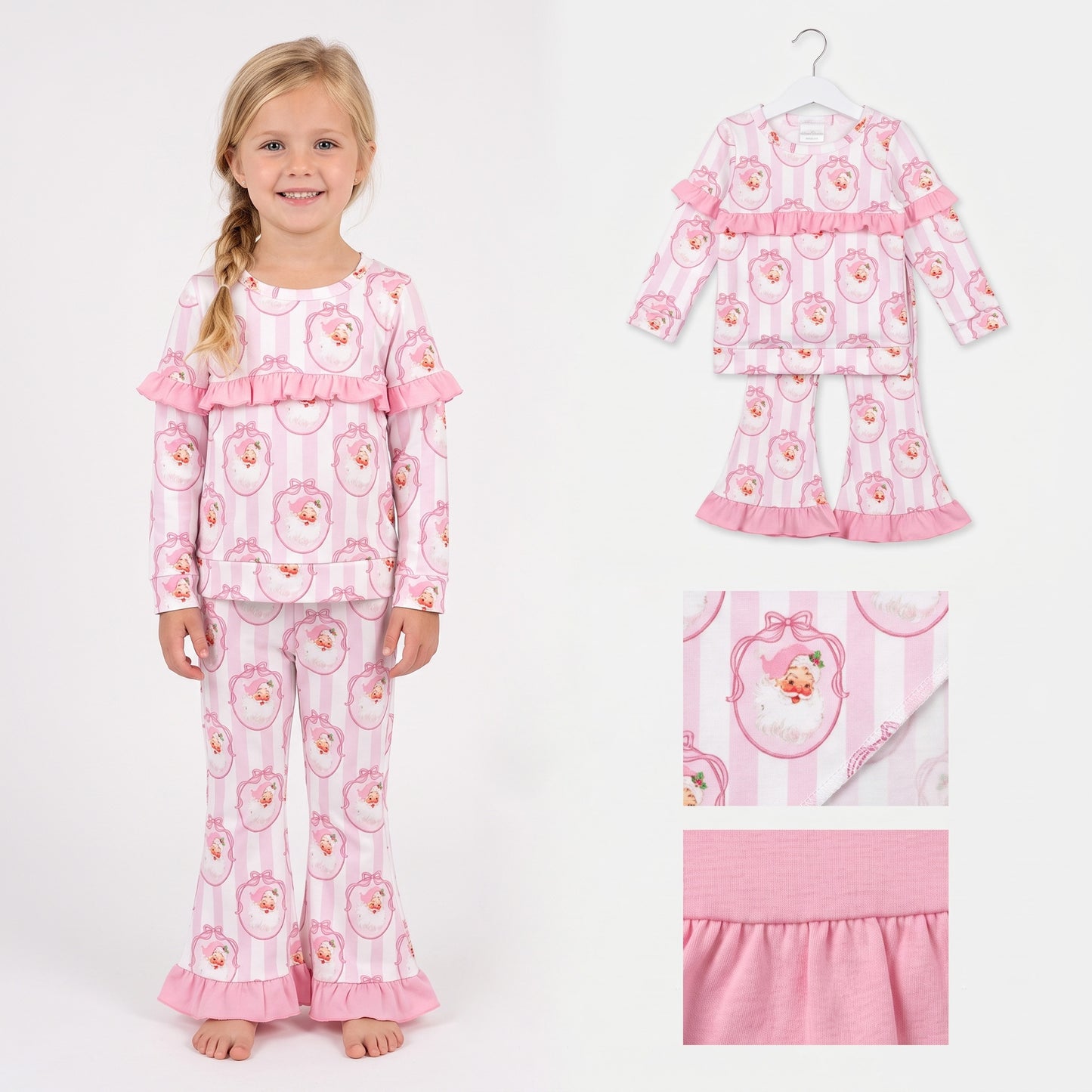 Baby Girls Pink Stripe Bows Santa Top Bell Bottom Pant Christmas Clothes Sets