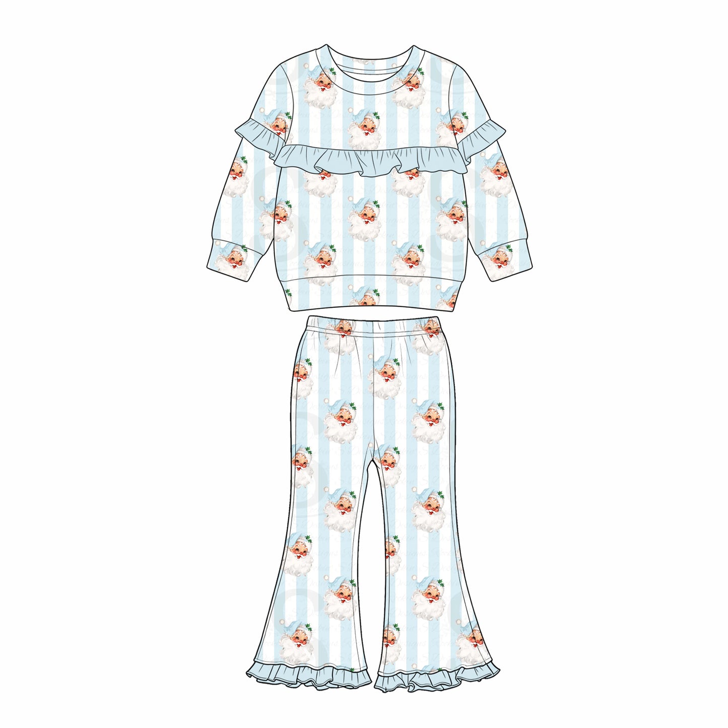 Preorder moq 5 Baby Girls Blue Bows Santa Stripe Top Bell Bottom Pant Christmas Clothes Sets