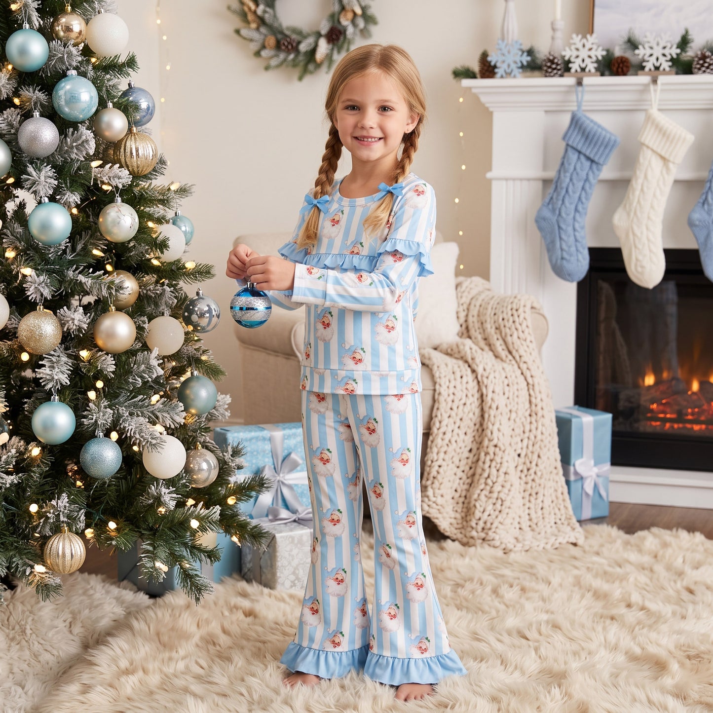Baby Girls Blue Bows Santa Stripe Top Bell Bottom Pant Christmas Clothes Sets