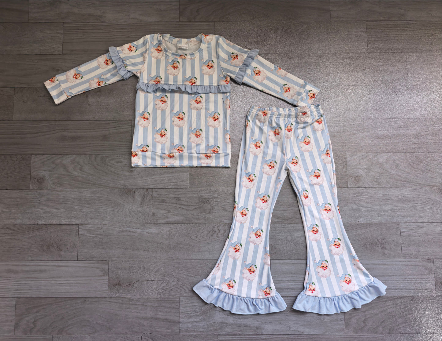 Baby Girls Blue Bows Santa Stripe Top Bell Bottom Pant Christmas Clothes Sets Preorder