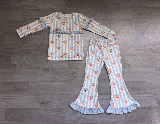 Baby Girls Blue Bows Santa Stripe Top Bell Bottom Pant Christmas Clothes Sets Preorder