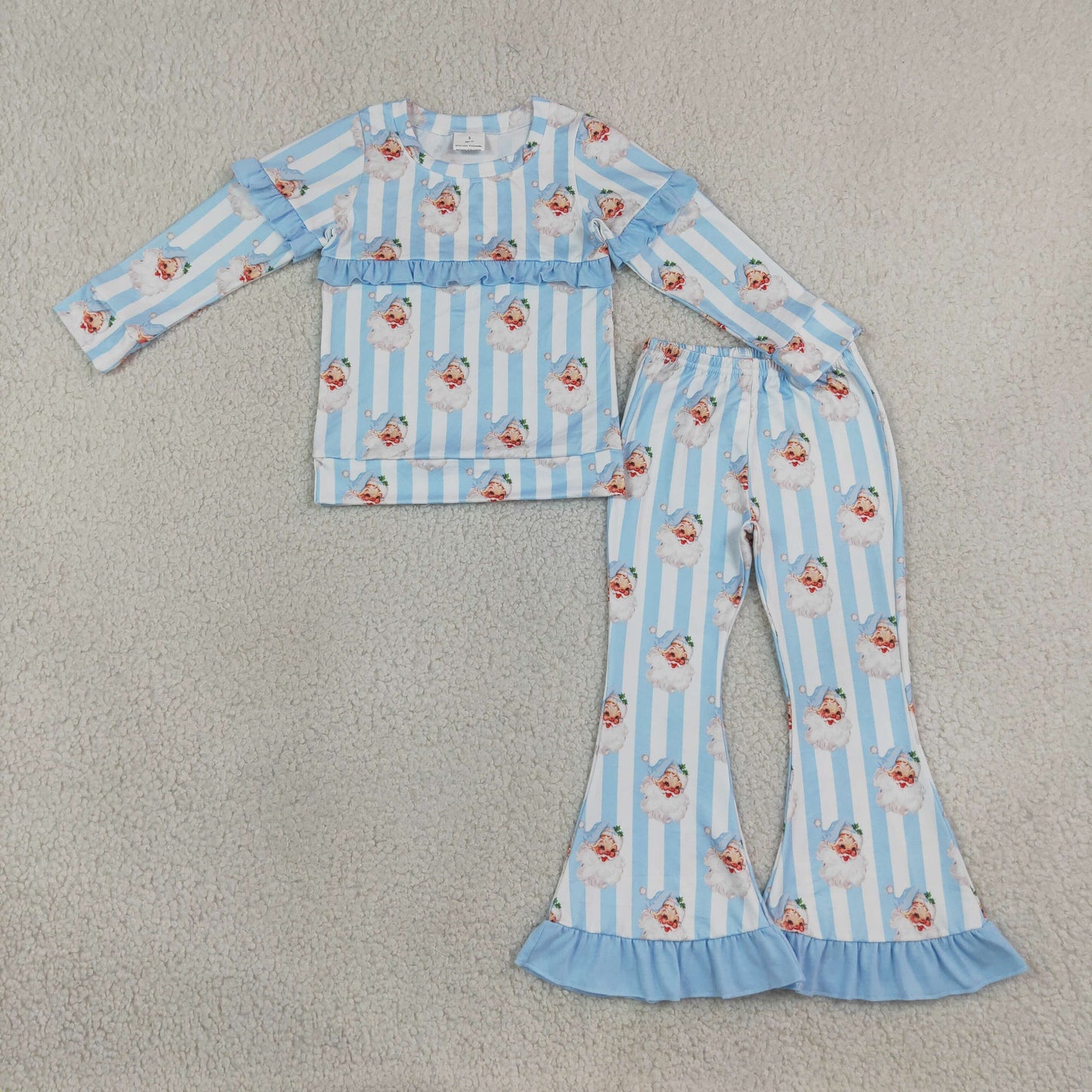 Baby Girls Blue Bows Santa Stripe Top Bell Bottom Pant Christmas Clothes Sets