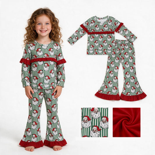 Baby Girls Santa Green Stripe Top Bell Bottom Pant Christmas Clothes Sets