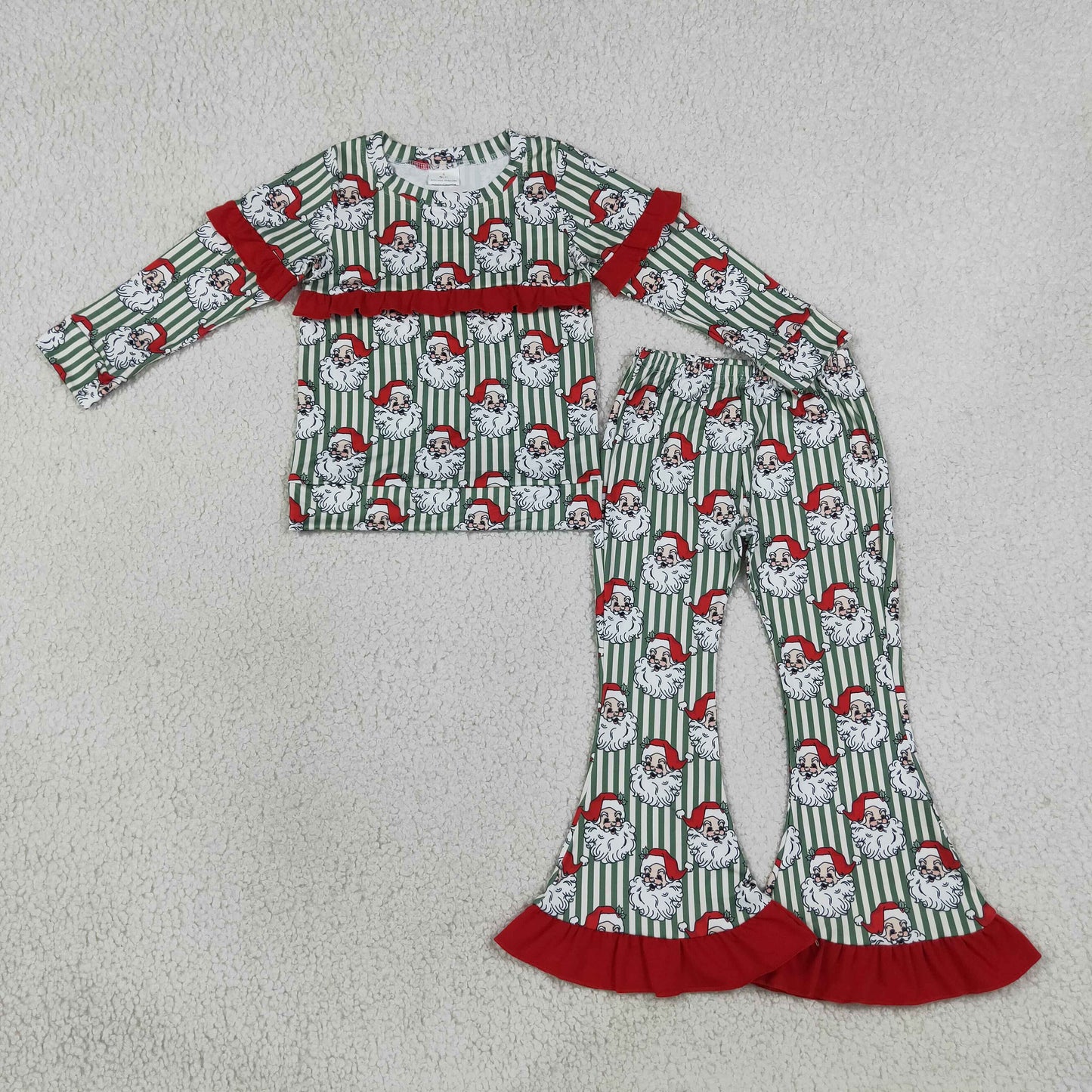 Baby Girls Santa Green Stripe Top Bell Bottom Pant Christmas Clothes Sets