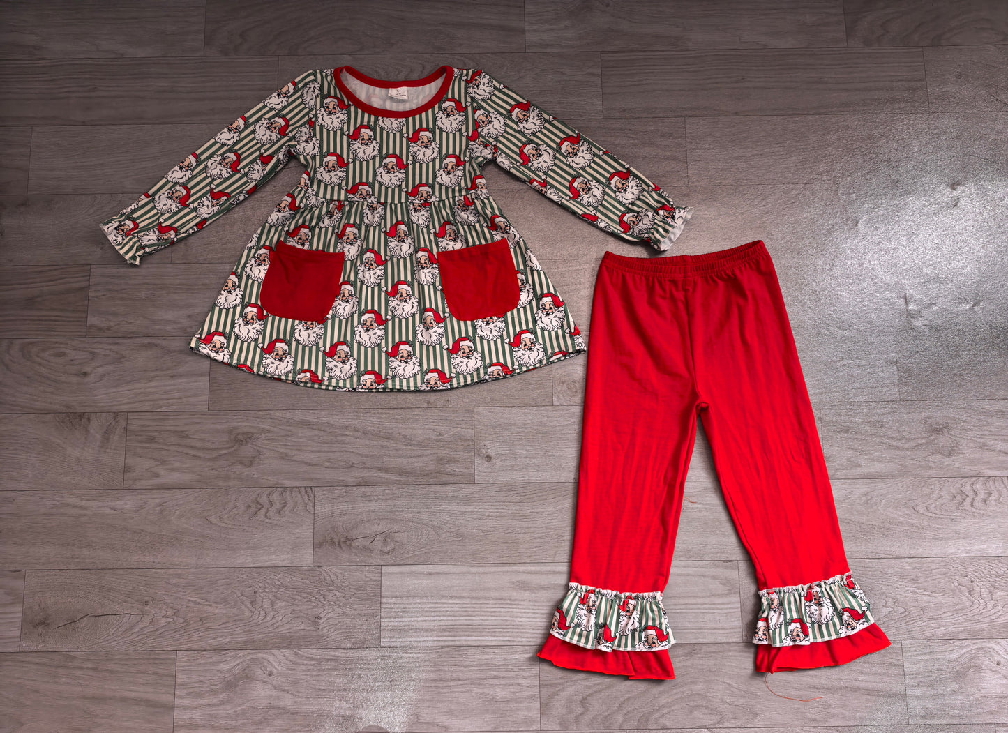 Baby Girls Green Stripe Santa Pockets Tunic Ruffle Pant Christmas Clothes Set Preorder