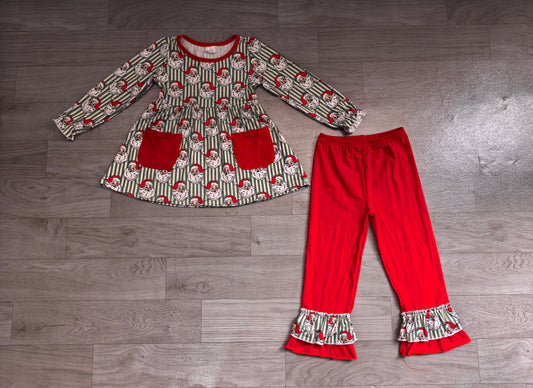 Baby Girls Green Stripe Santa Pockets Tunic Ruffle Pant Christmas Clothes Set Preorder