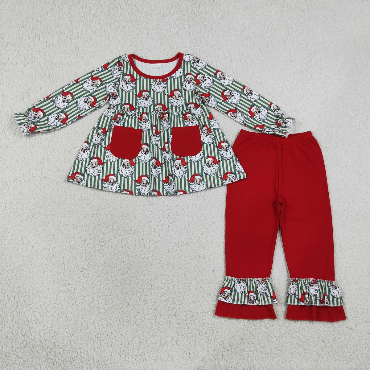 Baby Girls Green Stripe Santa Pockets Tunic Ruffle Pant Christmas Clothes Set