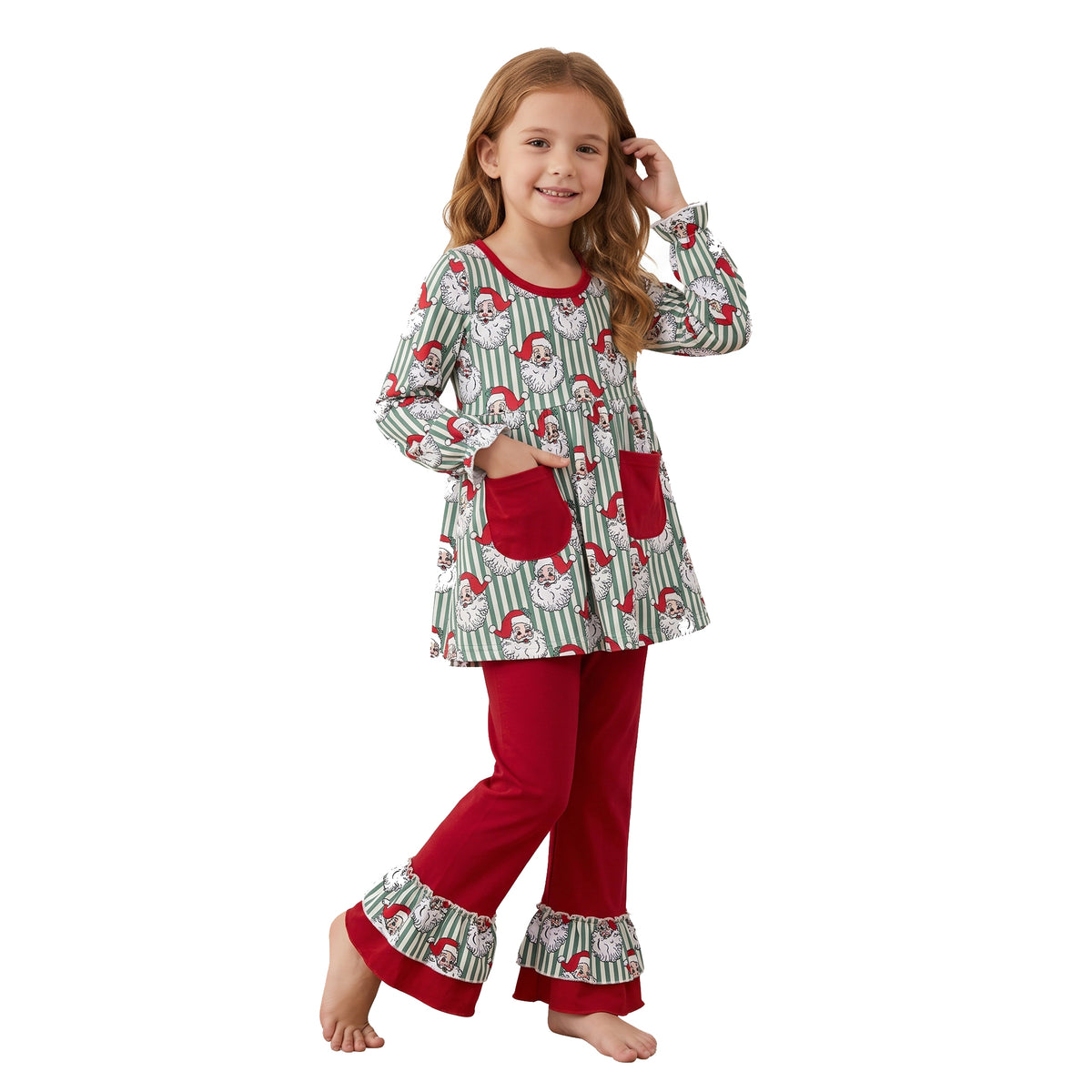 Baby Girls Green Stripe Santa Pockets Tunic Ruffle Pant Christmas Clothes Set