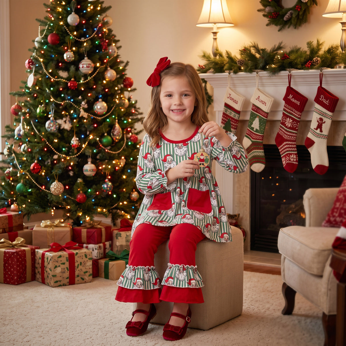 Baby Girls Green Stripe Santa Pockets Tunic Ruffle Pant Christmas Clothes Set