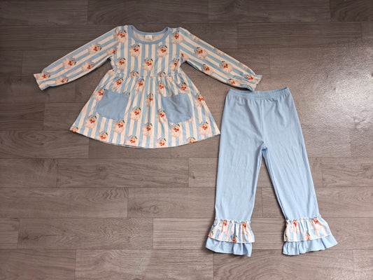 Baby Girls Blue Stripe Santa Pockets Tunic Ruffle Pant Christmas Clothes Set Preorder