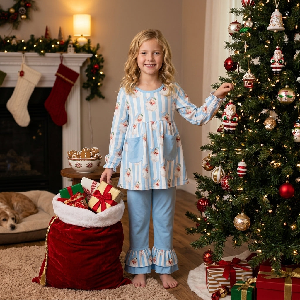 Baby Girls Blue Stripe Santa Pockets Tunic Ruffle Pant Christmas Clothes Set