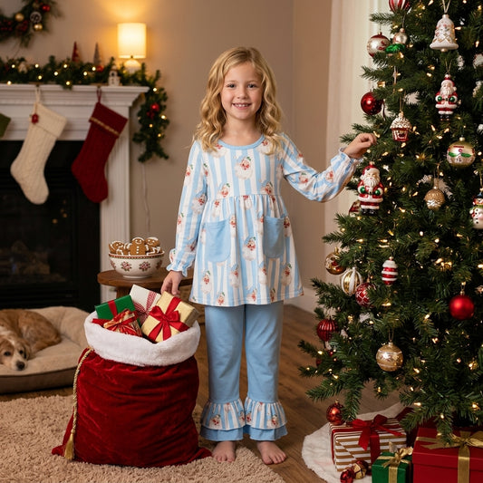 Baby Girls Blue Stripe Santa Pockets Tunic Ruffle Pant Christmas Clothes Set