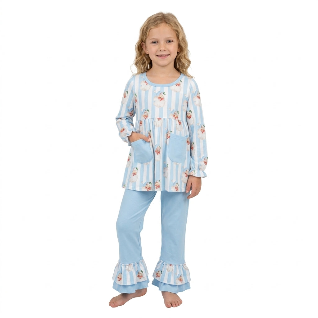 Baby Girls Blue Stripe Santa Pockets Tunic Ruffle Pant Christmas Clothes Set