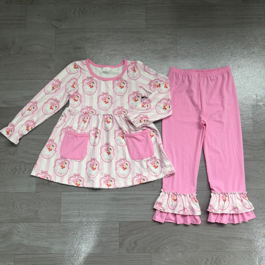 Baby Girls Pink Stripe Bows Santa Pockets Tunic Ruffle Pant Christmas Clothes Sets