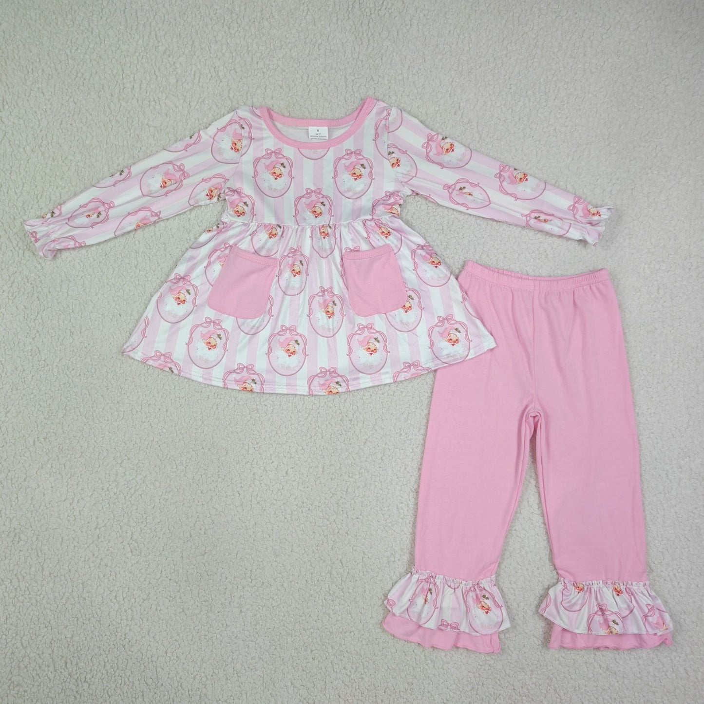 Sibling Baby Girls Pink Stripe Bows Santa Tunic Ruffle Pants Christmas Clothes Sets