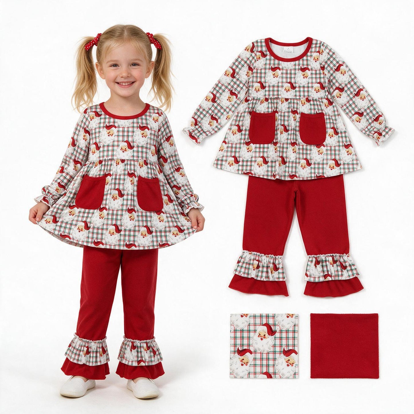 Baby Girls Red Green Checked Santa Pockets Tunic Ruffle Pant Christmas Clothes Set