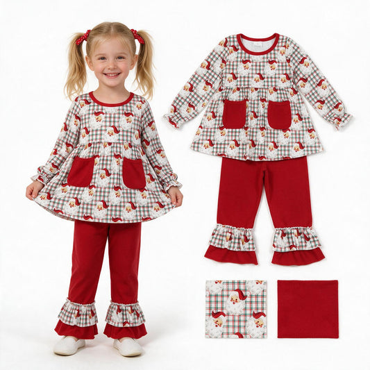 Baby Girls Red Green Checked Santa Pockets Tunic Ruffle Pant Christmas Clothes Set