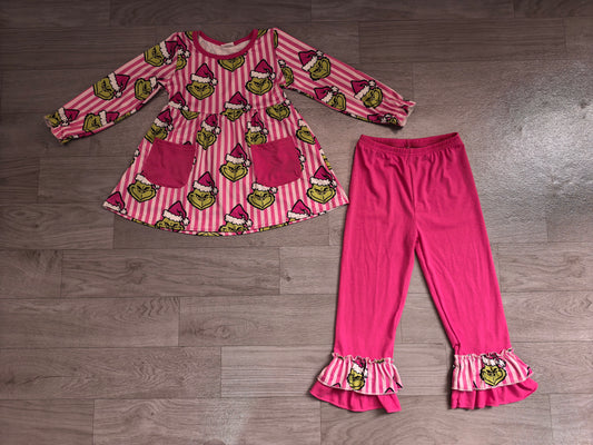 Baby Girls Pink Stripe Frogs Pockets Tunic Ruffle Pant Christmas Clothes Set Preorder