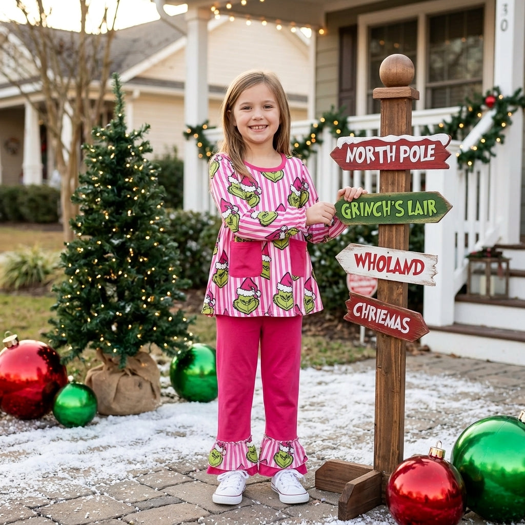 Baby Girls Pink Stripe Frogs Pockets Tunic Ruffle Pant Christmas Clothes Set