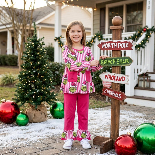 Baby Girls Pink Stripe Frogs Pockets Tunic Ruffle Pant Christmas Clothes Set