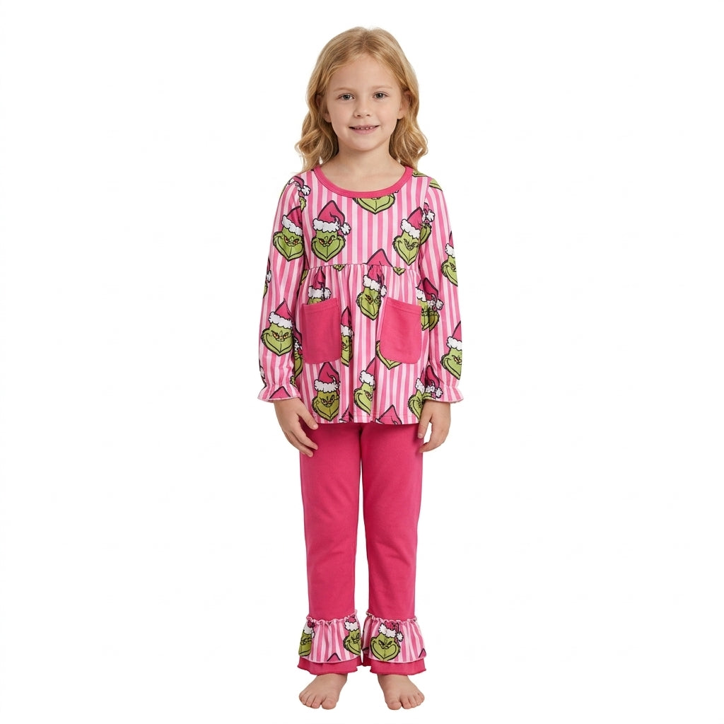 Baby Girls Pink Stripe Frogs Pockets Tunic Ruffle Pant Christmas Clothes Set