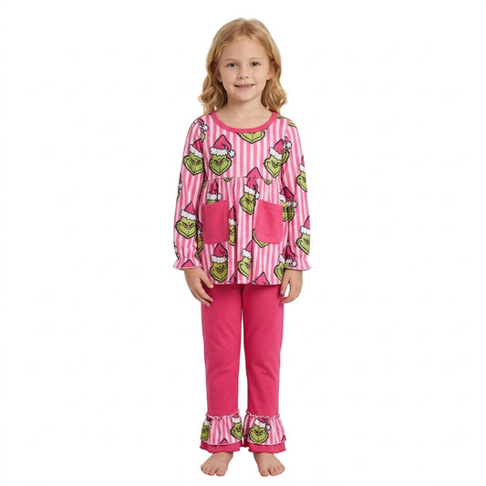 Baby Girls Pink Stripe Frogs Pockets Tunic Ruffle Pant Christmas Clothes Set