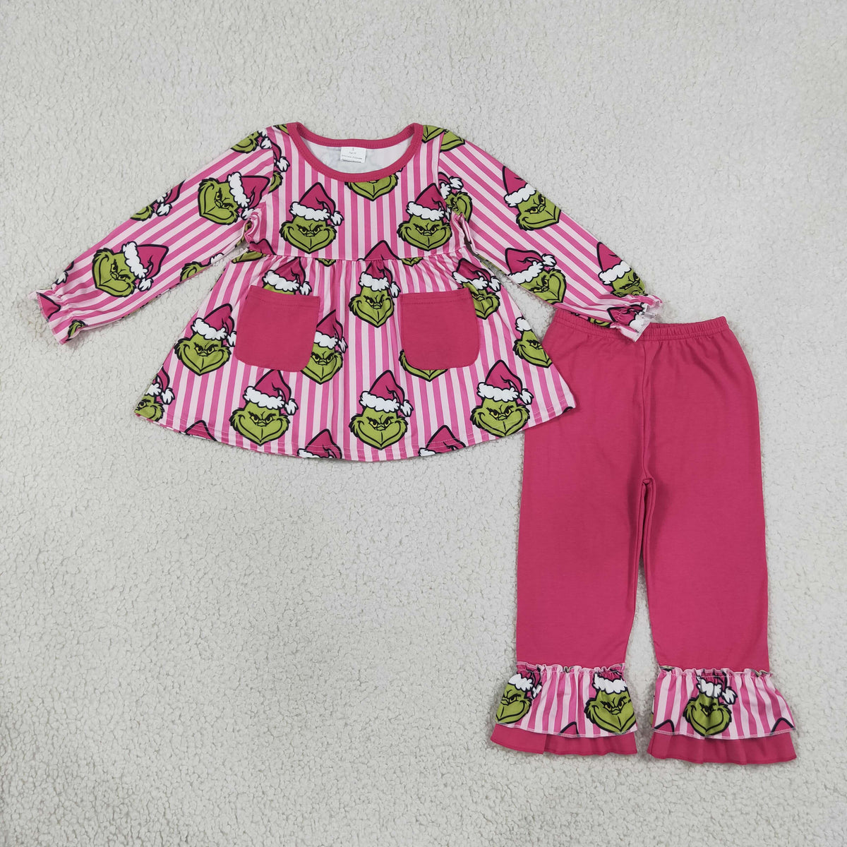 Baby Girls Pink Stripe Frogs Pockets Tunic Ruffle Pant Christmas Clothes Set