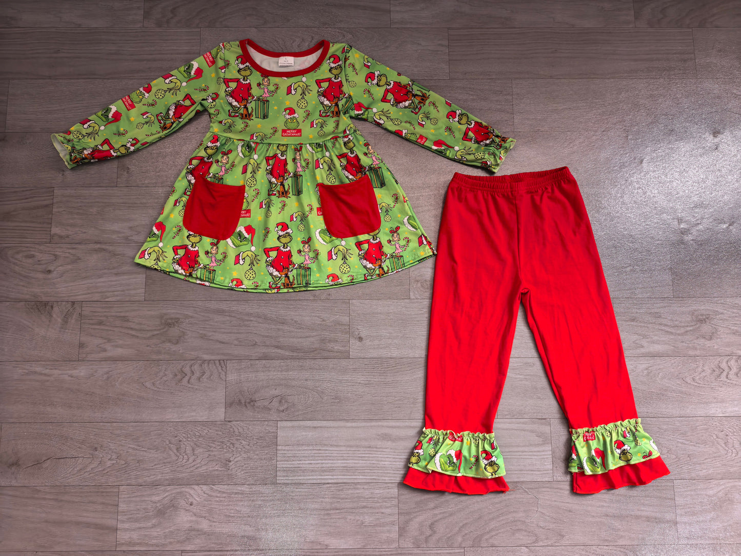 Baby Girls Green Frogs Gifts Pockets Tunic Ruffle Pant Christmas Clothes Set Preorder