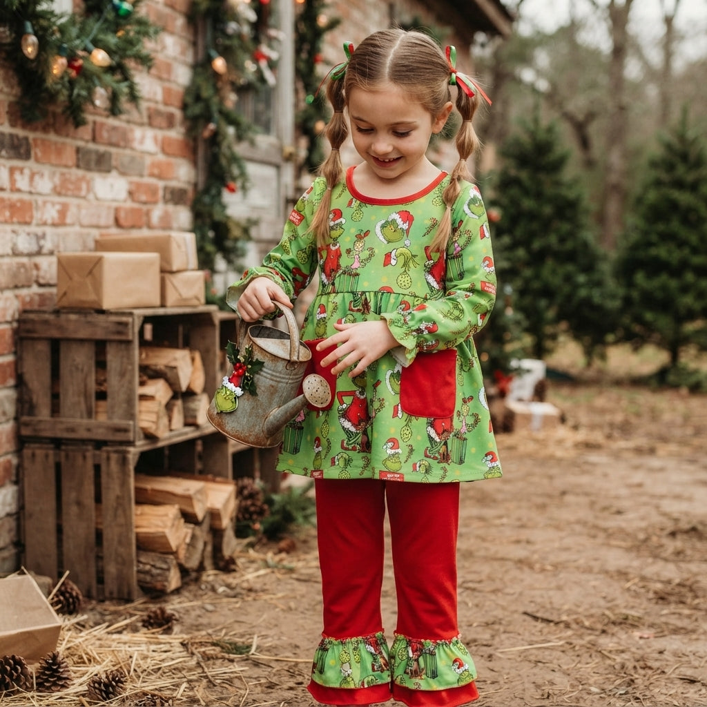 Baby Girls Green Frogs Gifts Pockets Tunic Ruffle Pant Christmas Clothes Set
