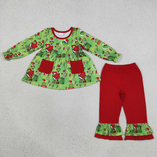Baby Girls Green Frogs Gifts Pockets Tunic Ruffle Pant Christmas Clothes Set