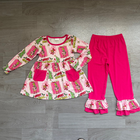 Baby Girls Green Frogs Pockets Tunic Ruffle Pant Merry Christmas Clothes Set Preorder