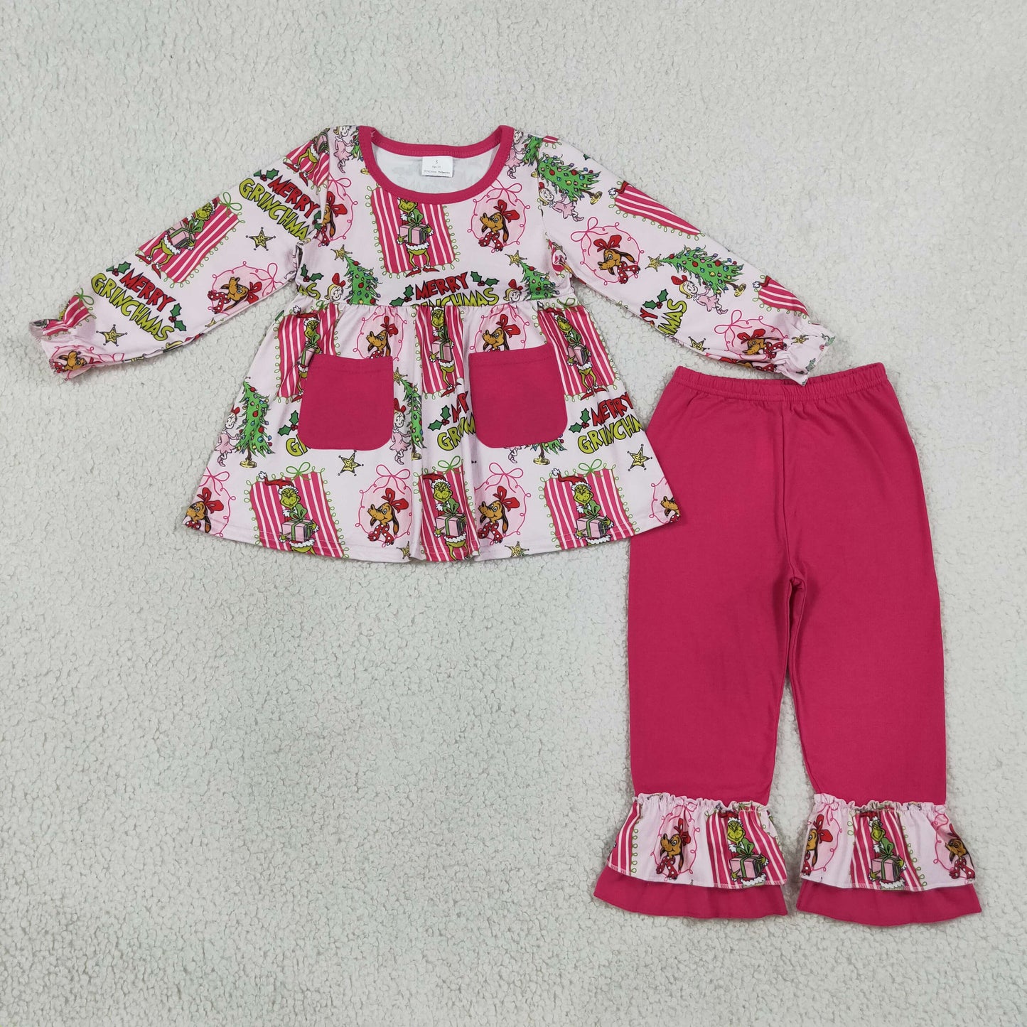 Sibling Baby Girls Santa Pockets Tunic Ruffle Pants Christmas Clothes Sets