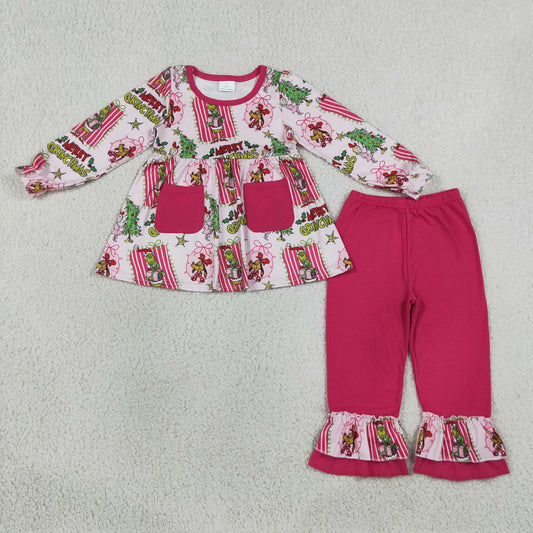 Baby Girls Green Frogs Pockets Tunic Ruffle Pant Merry Christmas Clothes Set